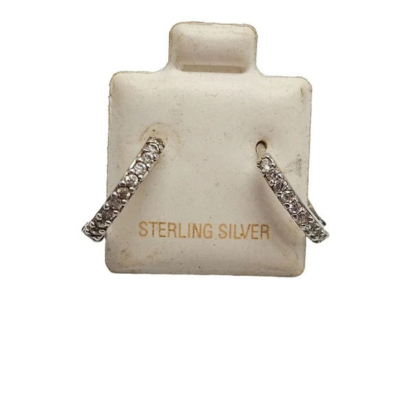 925 Sterling Silver Clear Rhinestone Slit Hoop Earrings Vintage .5" - Picture 1 of 5
